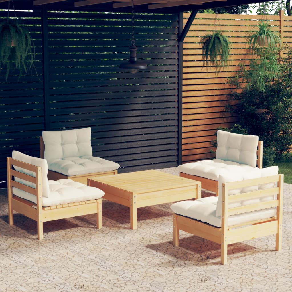 Set Salotto da Giardino 5pz con Cuscini Crema in Legno di Pino