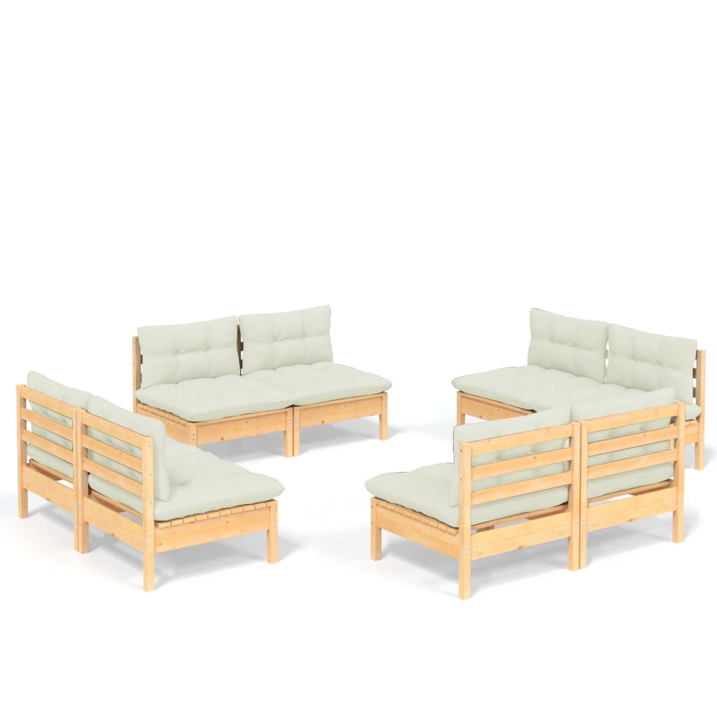 Set Salotto da Giardino 8 pz con Cuscini Crema in Legno di Pino