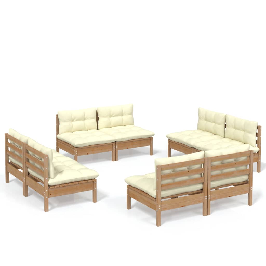Set Salotto da Giardino 8 pz con Cuscini Crema in Legno di Pino