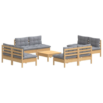 Set Divani da Giardino 9 pz con Cuscini Grigi Massello di Pino