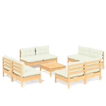 Set Salotto da Giardino 9 pz con Cuscini Crema in Legno di Pino