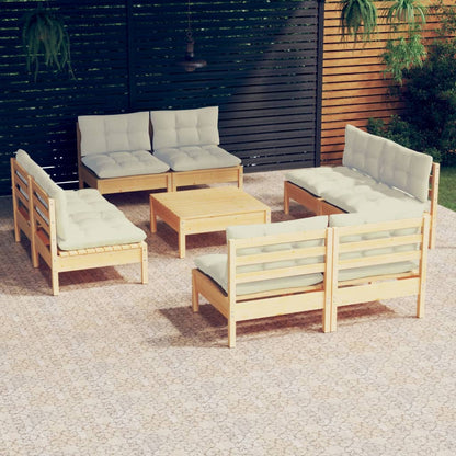Set Salotto da Giardino 9 pz con Cuscini Crema in Legno di Pino