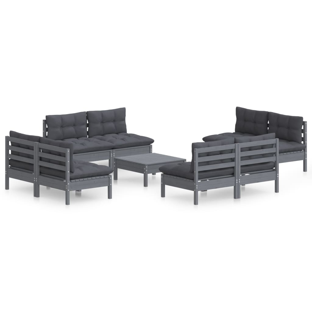 Set Divani da Giardino 9 pz con Cuscini Antracite Legno di Pino