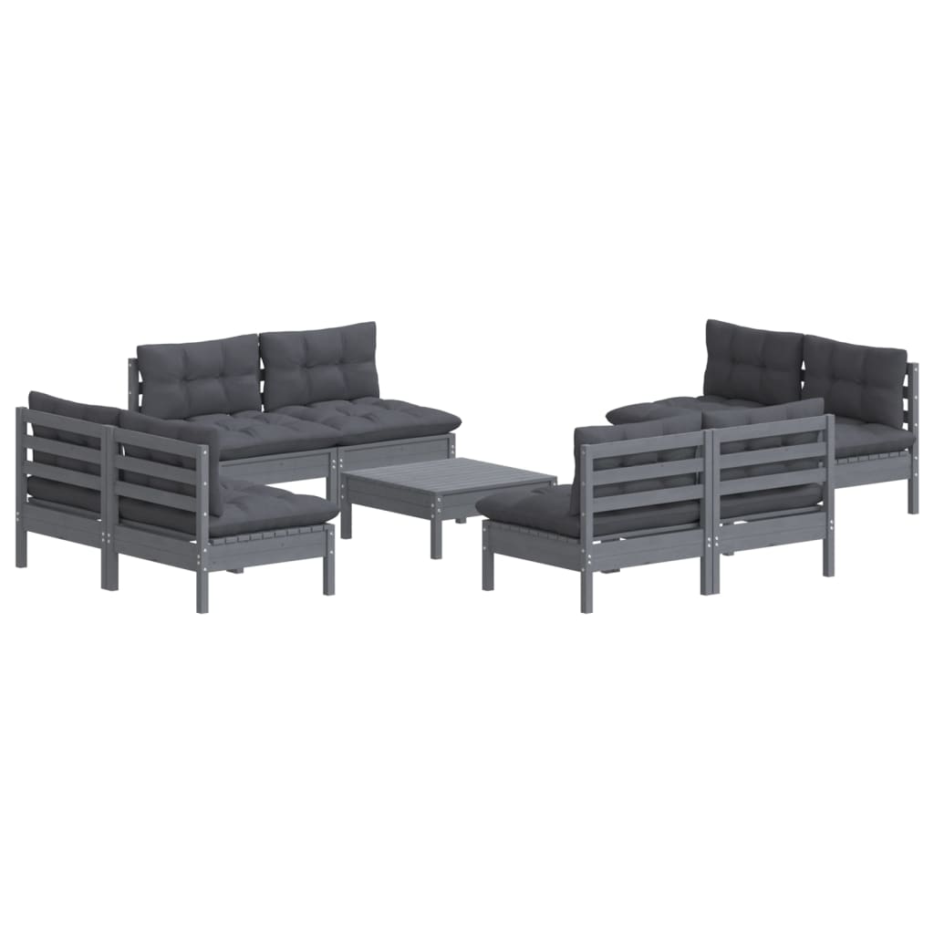 Set Divani da Giardino 9 pz con Cuscini Antracite Legno di Pino