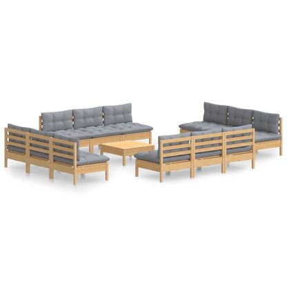 Set Divani da Giardino 13 pz con Cuscini Grigi Massello di Pino