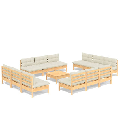 Set Salotto da Giardino 13pz con Cuscini Crema in Legno di Pino