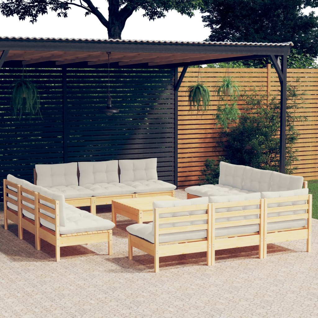Set Salotto da Giardino 13pz con Cuscini Crema in Legno di Pino