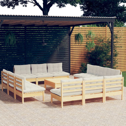 Set Salotto da Giardino 13pz con Cuscini Crema in Legno di Pino