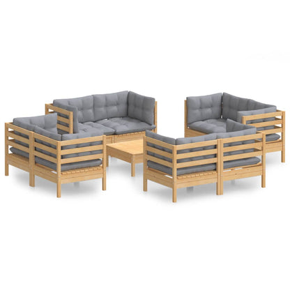 Set Divani da Giardino 9 pz con Cuscini Grigi Massello di Pino