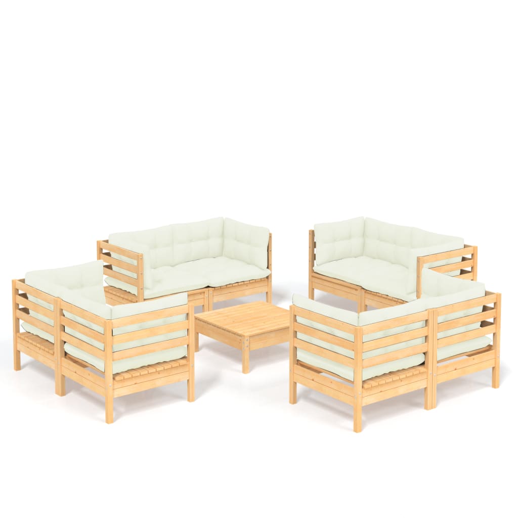 Set Salotto da Giardino 9 pz con Cuscini Crema in Legno di Pino