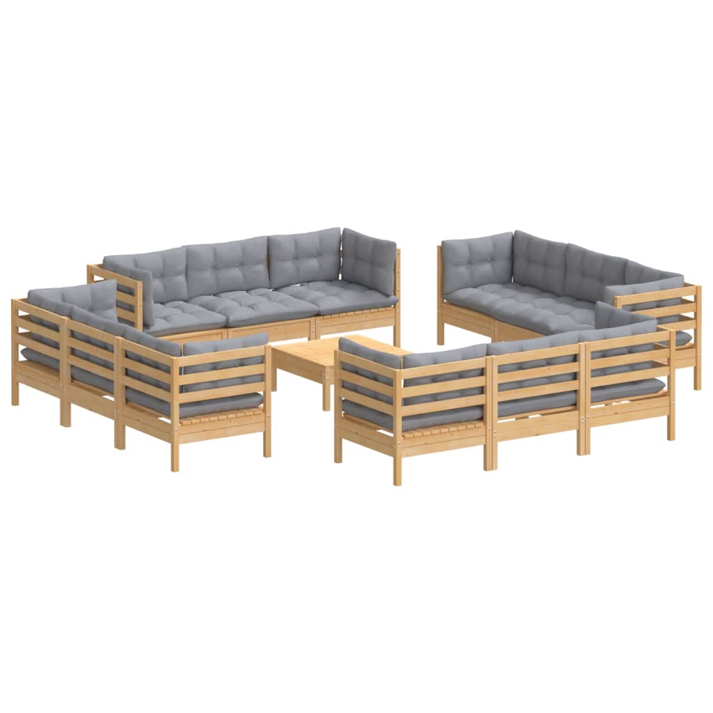 Set Divani da Giardino 13 pz con Cuscini Grigi Massello di Pino