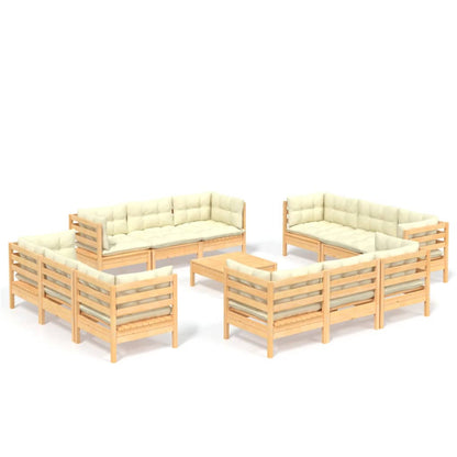 Set Salotto da Giardino 13pz con Cuscini Crema in Legno di Pino