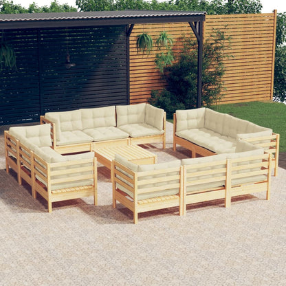 Set Salotto da Giardino 13pz con Cuscini Crema in Legno di Pino