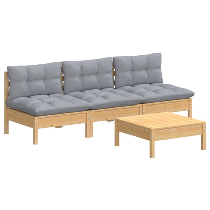 Set Divani da Giardino 4 pz con Cuscini Grigi Massello di Pino
