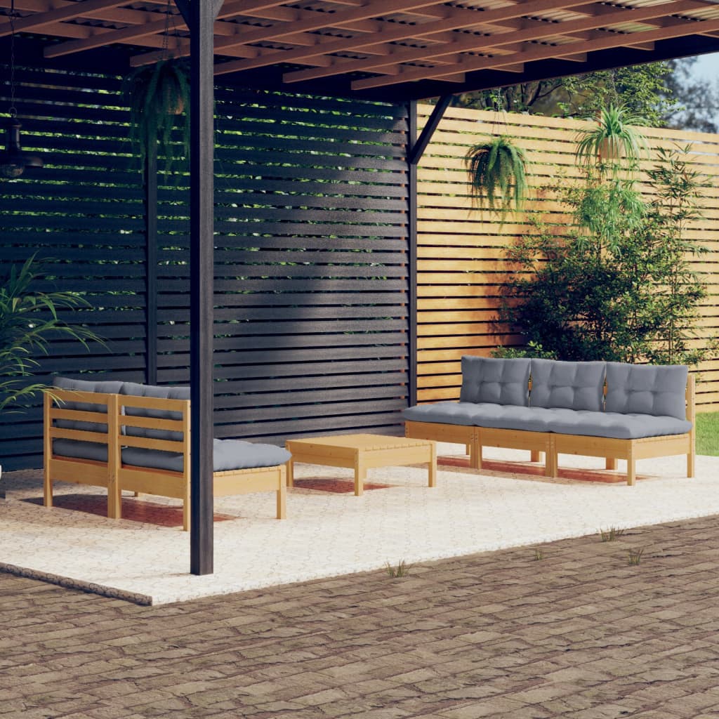 Set Divani da Giardino 6 pz con Cuscini Grigi Massello di Pino