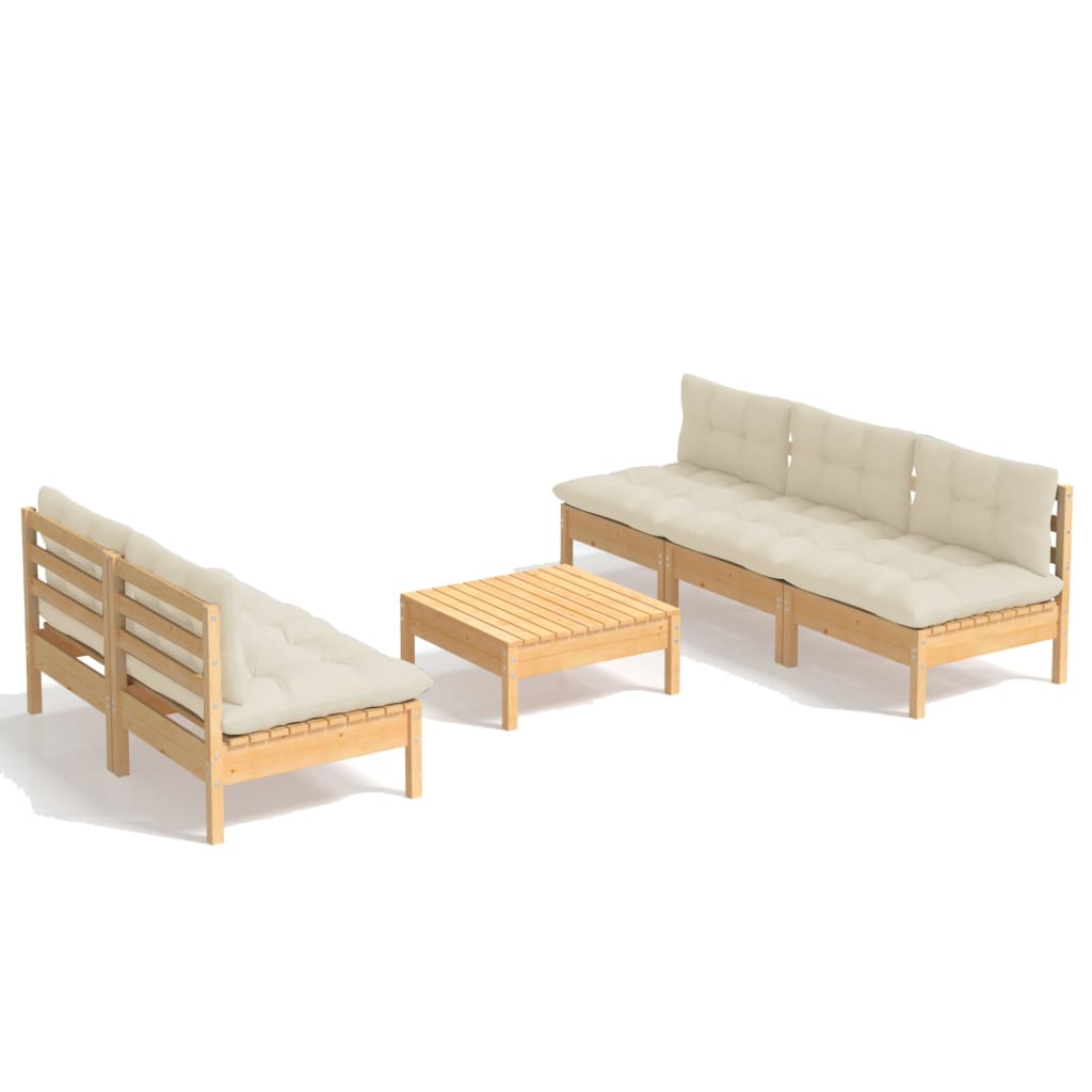 Set Salotto da Giardino 6 pz con Cuscini Crema Legno di Pino