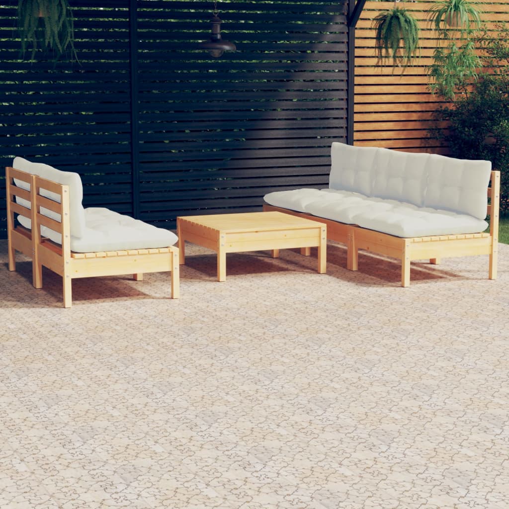 Set Salotto da Giardino 6 pz con Cuscini Crema Legno di Pino
