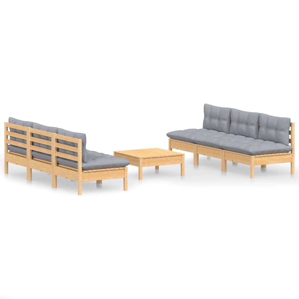 Set Divani da Giardino 7 pz con Cuscini Grigi Massello di Pino