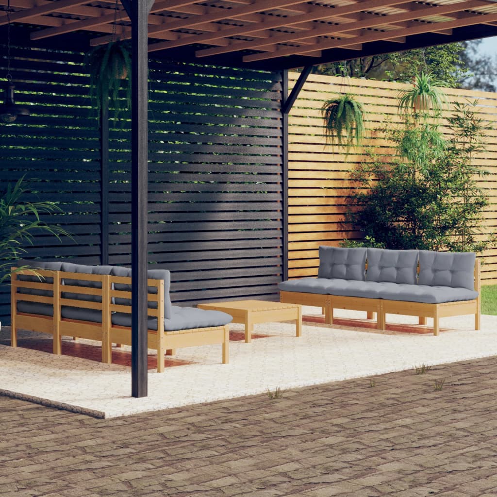 Set Divani da Giardino 7 pz con Cuscini Grigi Massello di Pino