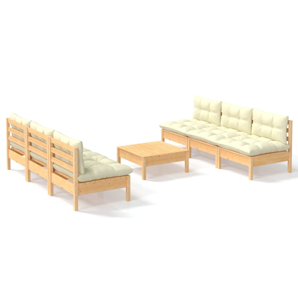 Set Salotto da Giardino 7pz con Cuscini Crema in Legno di Pino