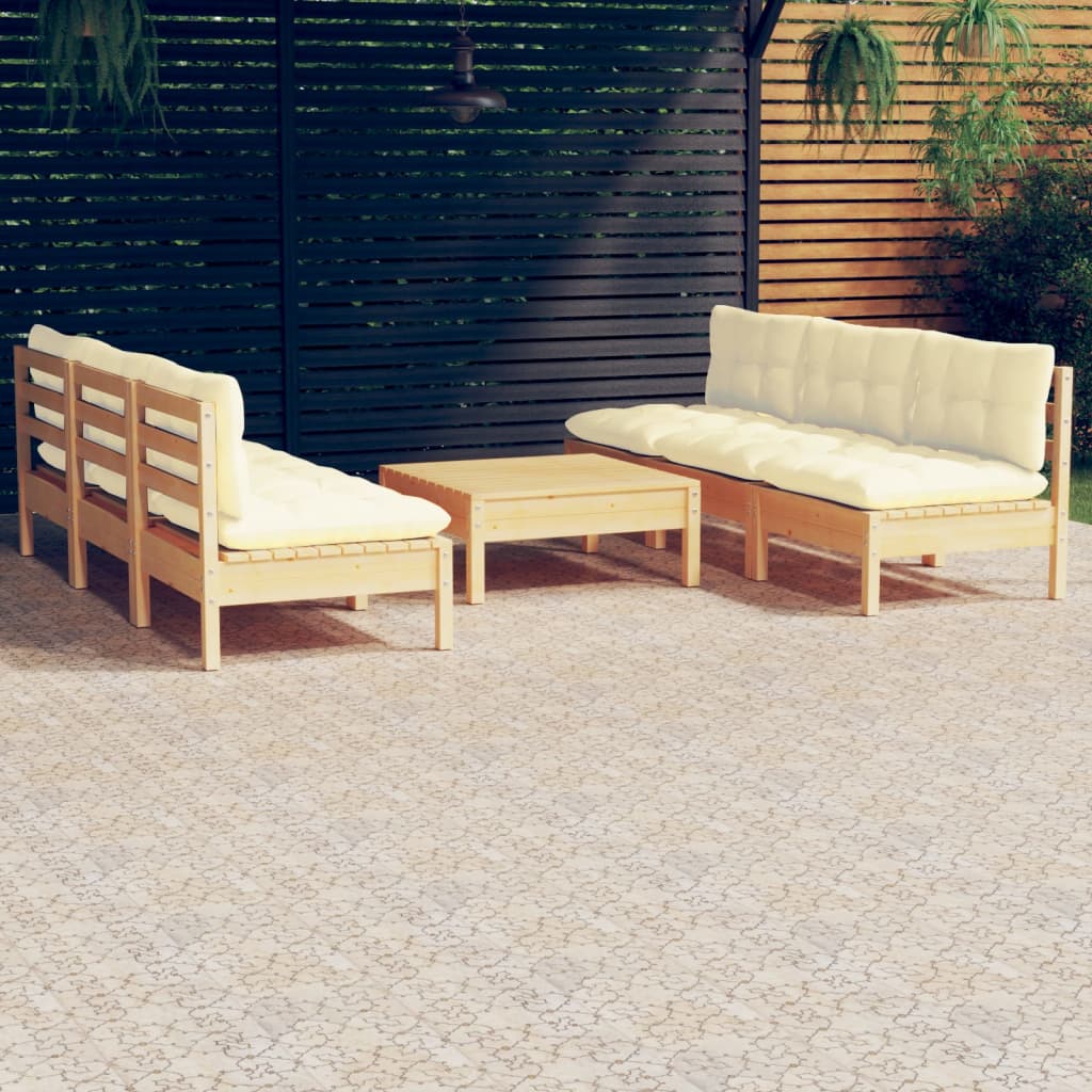 Set Salotto da Giardino 7pz con Cuscini Crema in Legno di Pino