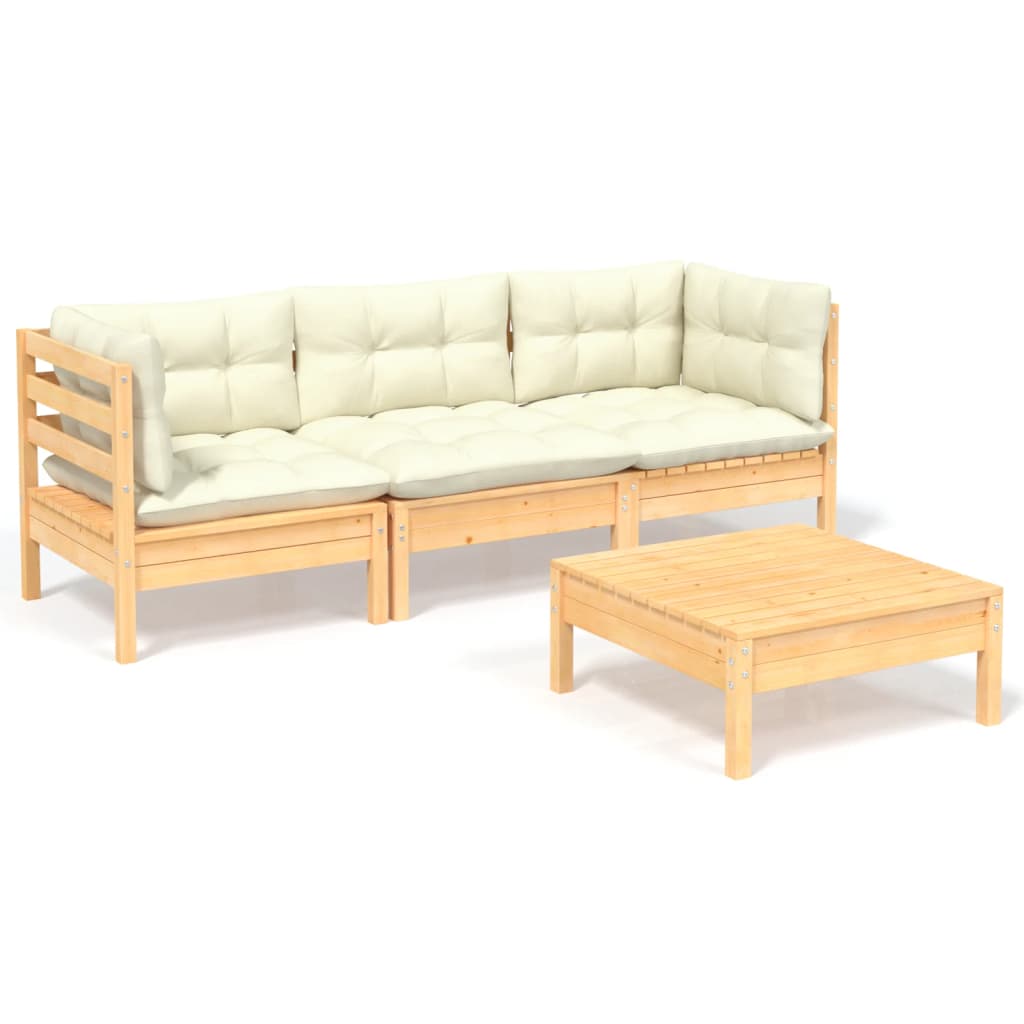 Set Salotto da Giardino 4 pz con Cuscini Crema in Legno di Pino