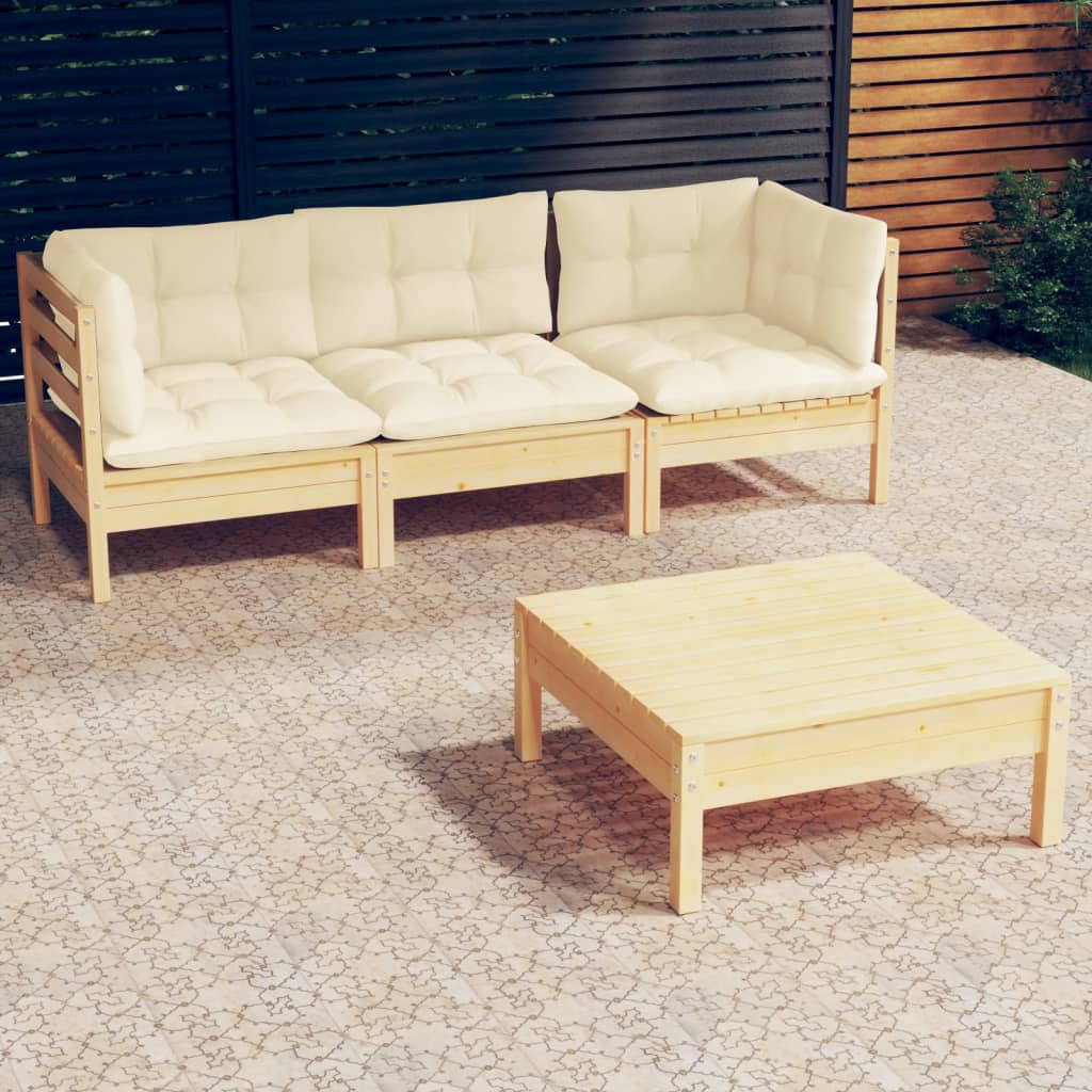 Set Salotto da Giardino 4 pz con Cuscini Crema in Legno di Pino