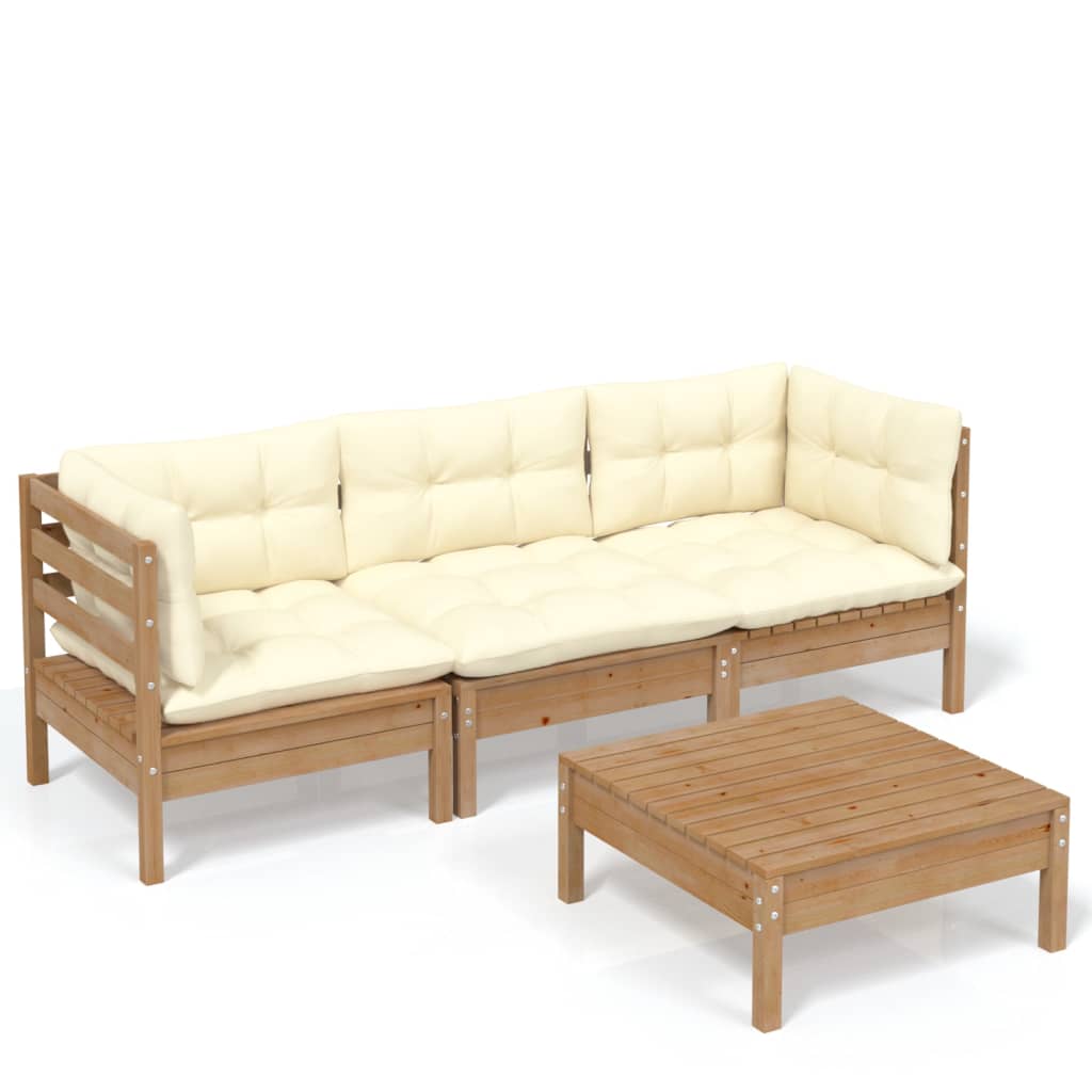 Set Salotto da Giardino 4 pz con Cuscini Crema in Legno di Pino
