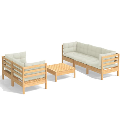 Set Salotto da Giardino 6 pz con Cuscini Crema Legno di Pino