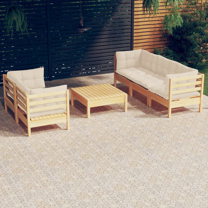 Set Salotto da Giardino 6 pz con Cuscini Crema Legno di Pino