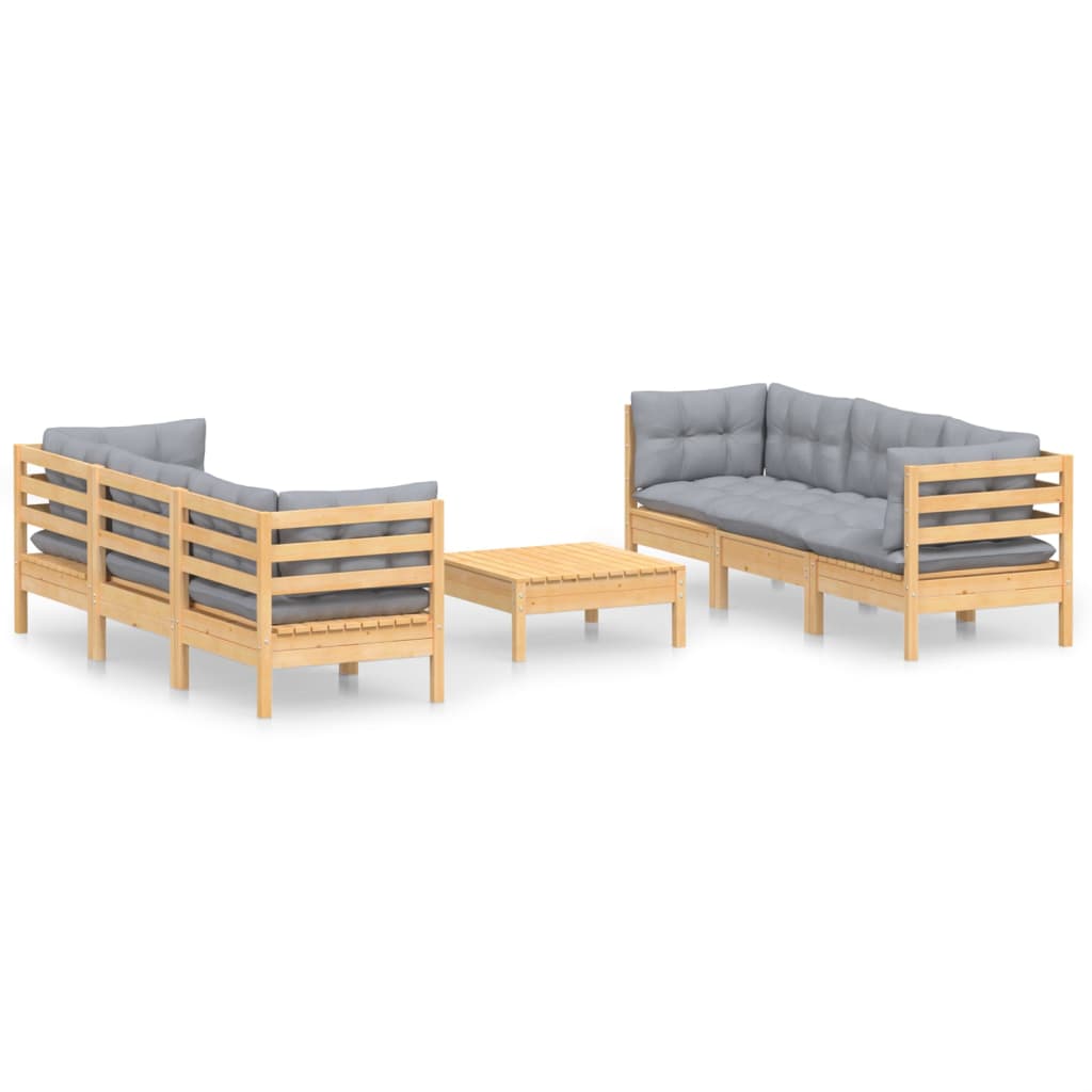 Set Divani da Giardino 7 pz con Cuscini Grigi Massello di Pino
