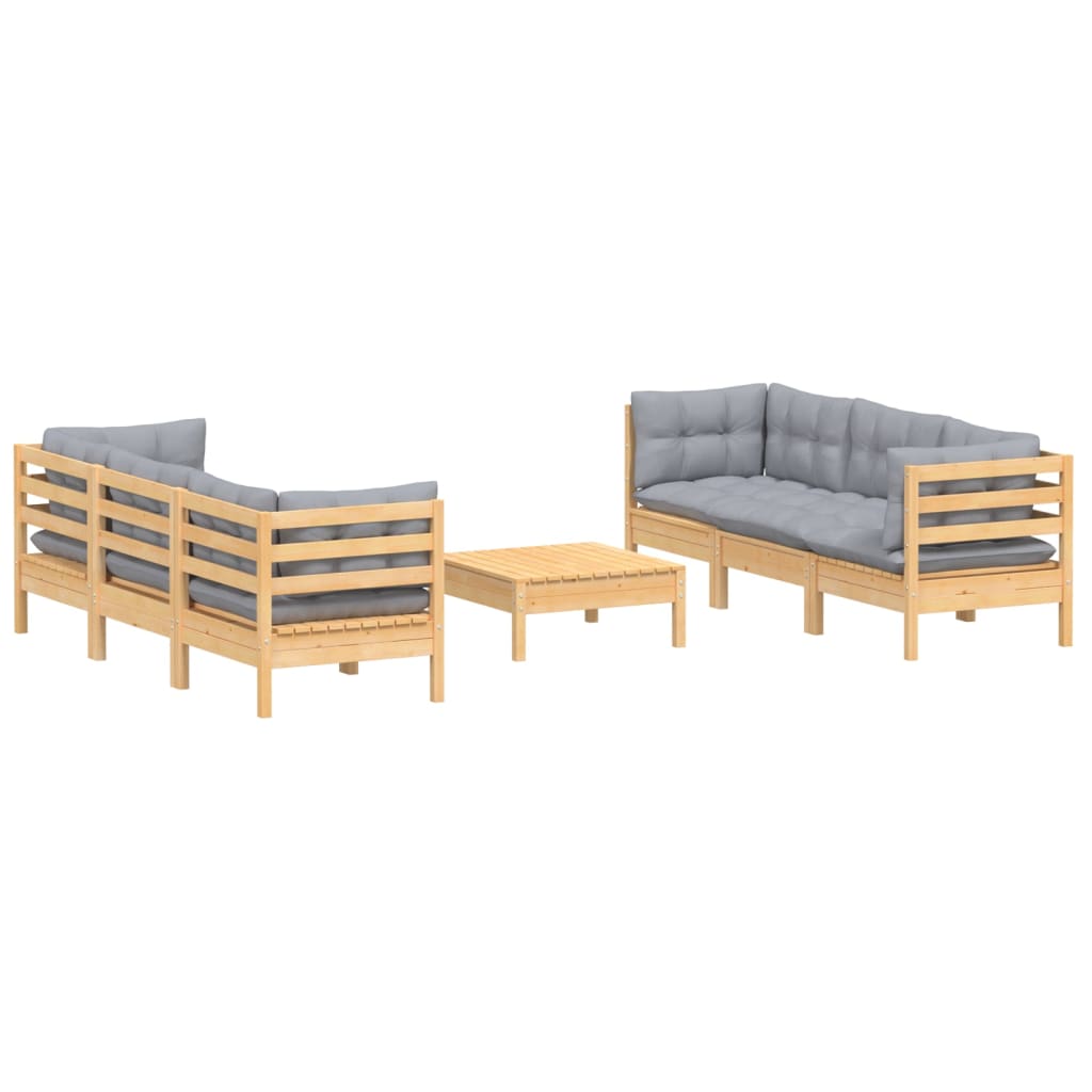 Set Divani da Giardino 7 pz con Cuscini Grigi Massello di Pino