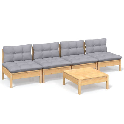 Set Divani da Giardino 5 pz con Cuscini Grigi Massello di Pino