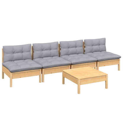 Set Divani da Giardino 5 pz con Cuscini Grigi Massello di Pino
