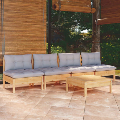 Set Divani da Giardino 5 pz con Cuscini Grigi Massello di Pino