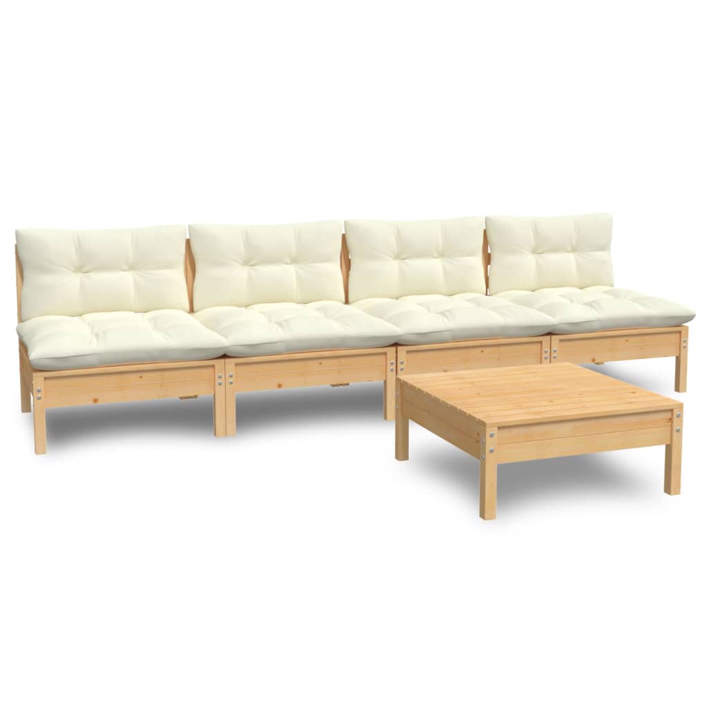 Set Salotto da Giardino 5pz con Cuscini Crema in Legno di Pino
