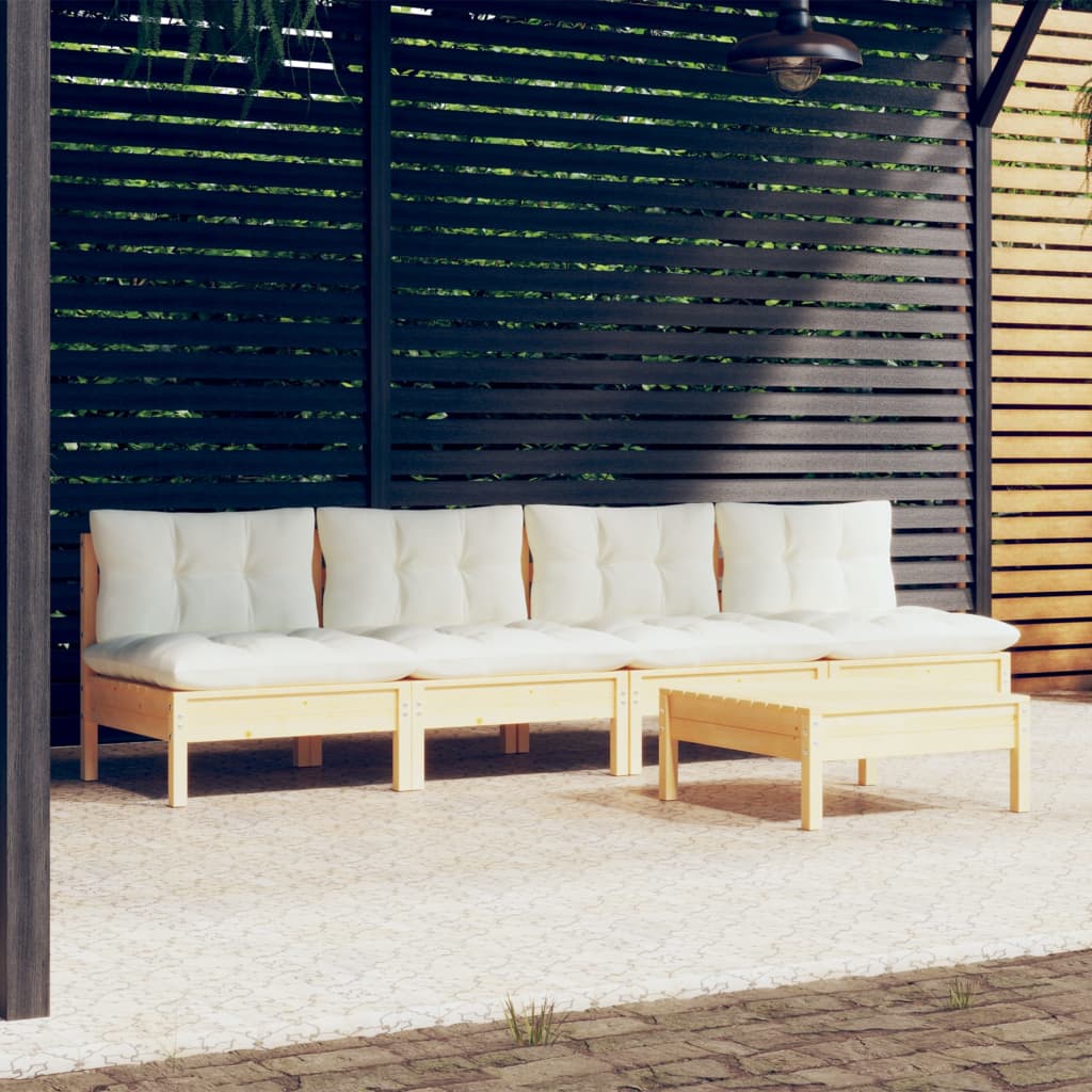 Set Salotto da Giardino 5pz con Cuscini Crema in Legno di Pino