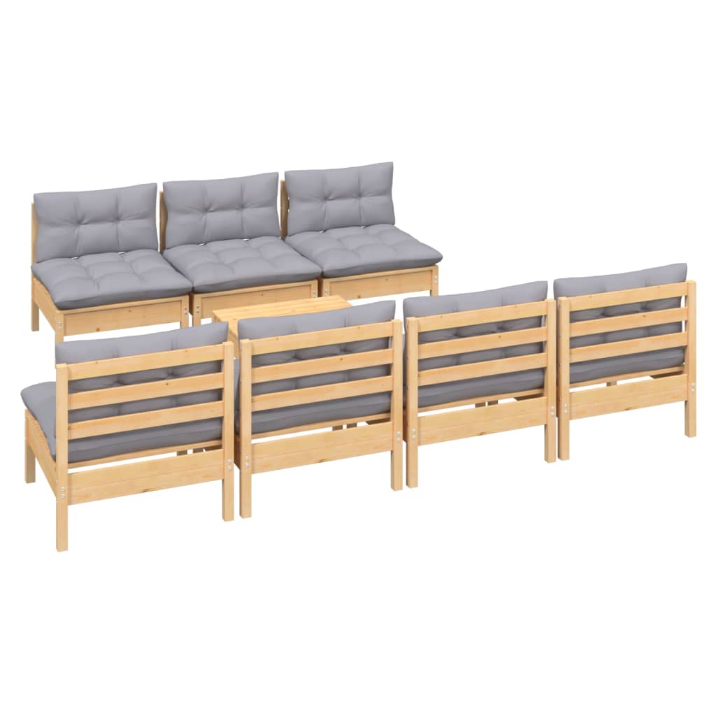 Set Divani da Giardino 8 pz con Cuscini Grigi Massello di Pino