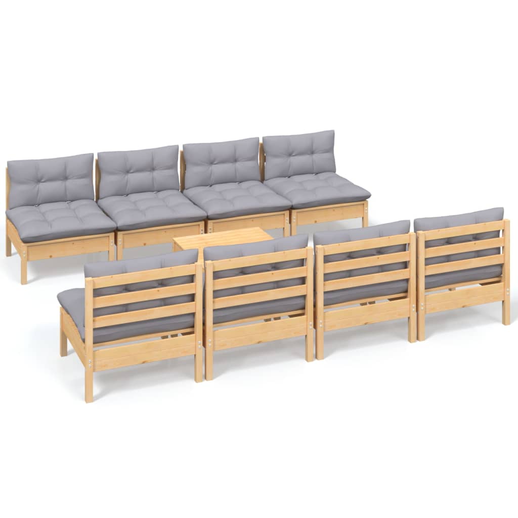 Set Divani da Giardino 9 pz con Cuscini Grigi Massello di Pino