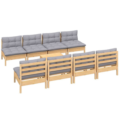 Set Divani da Giardino 9 pz con Cuscini Grigi Massello di Pino