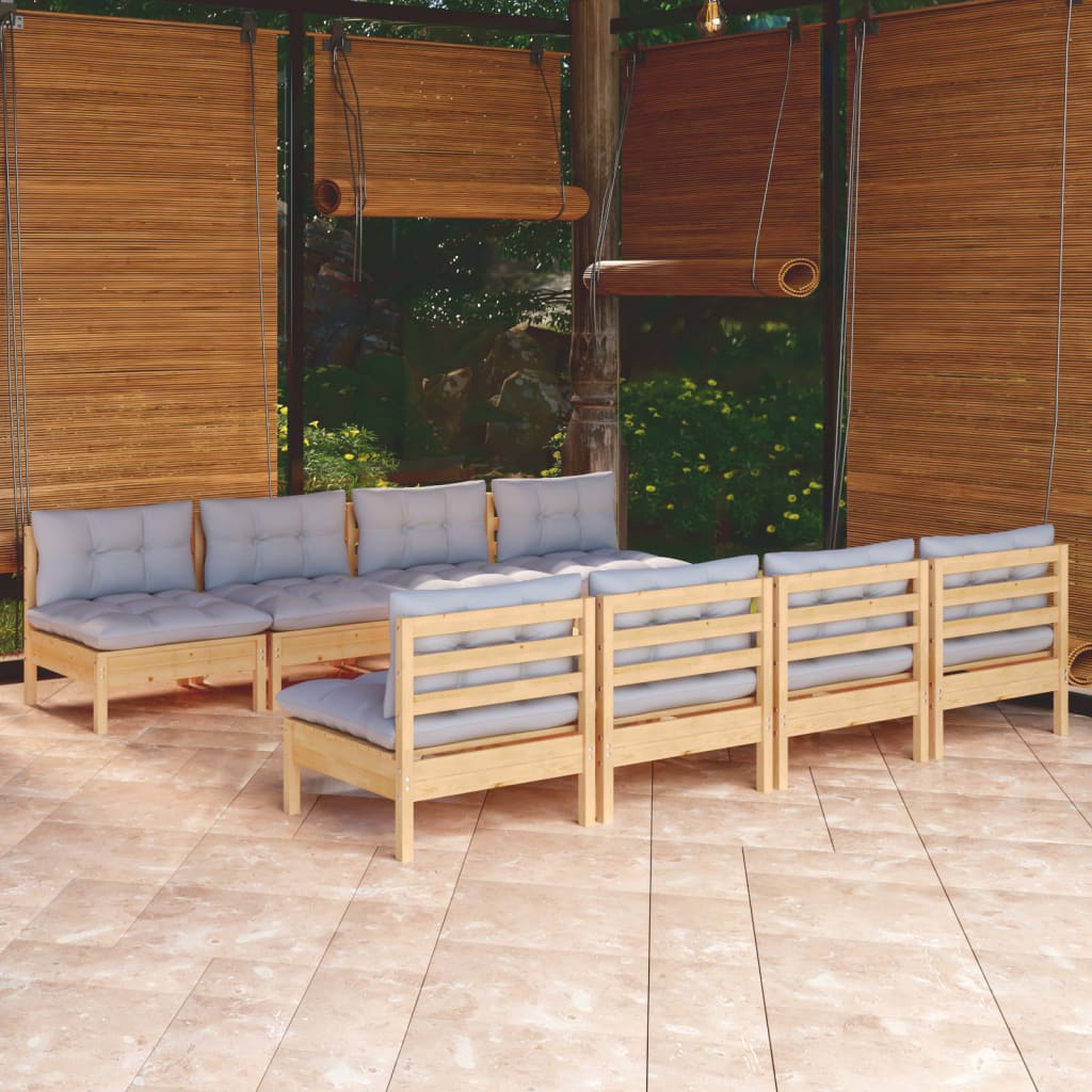 Set Divani da Giardino 9 pz con Cuscini Grigi Massello di Pino
