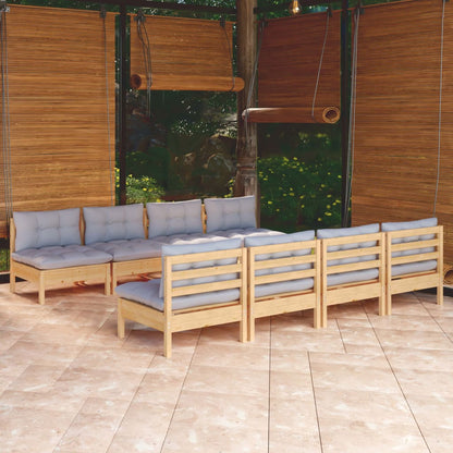 Set Divani da Giardino 9 pz con Cuscini Grigi Massello di Pino