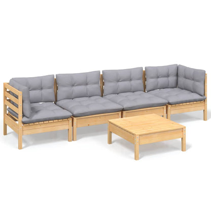 Set Divani da Giardino 5 pz con Cuscini Grigi Massello di Pino