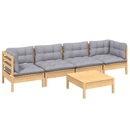 Set Divani da Giardino 5 pz con Cuscini Grigi Massello di Pino