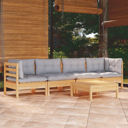 Set Divani da Giardino 5 pz con Cuscini Grigi Massello di Pino