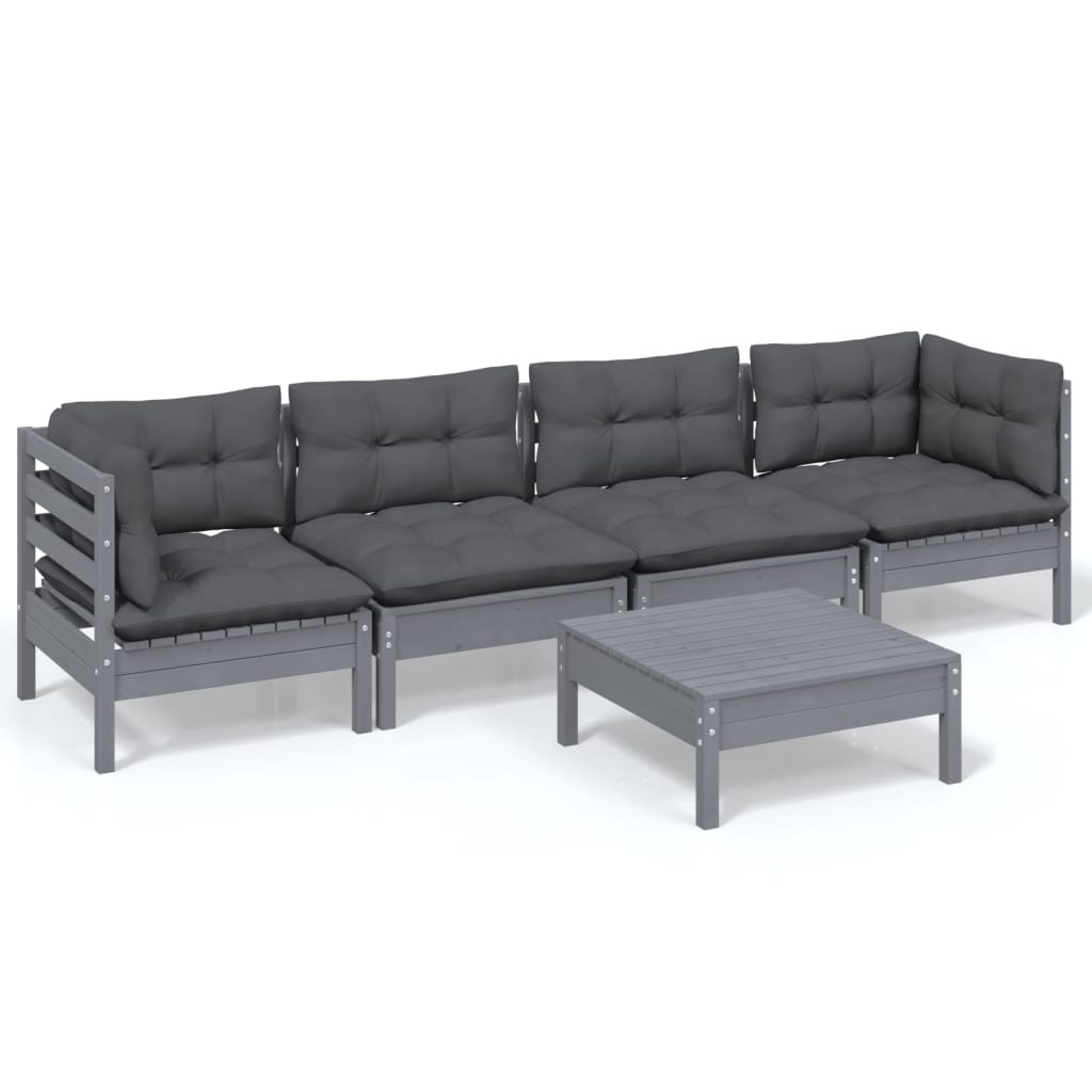 Set Divani da Giardino 5 pz con Cuscini Legno Massello di Pino