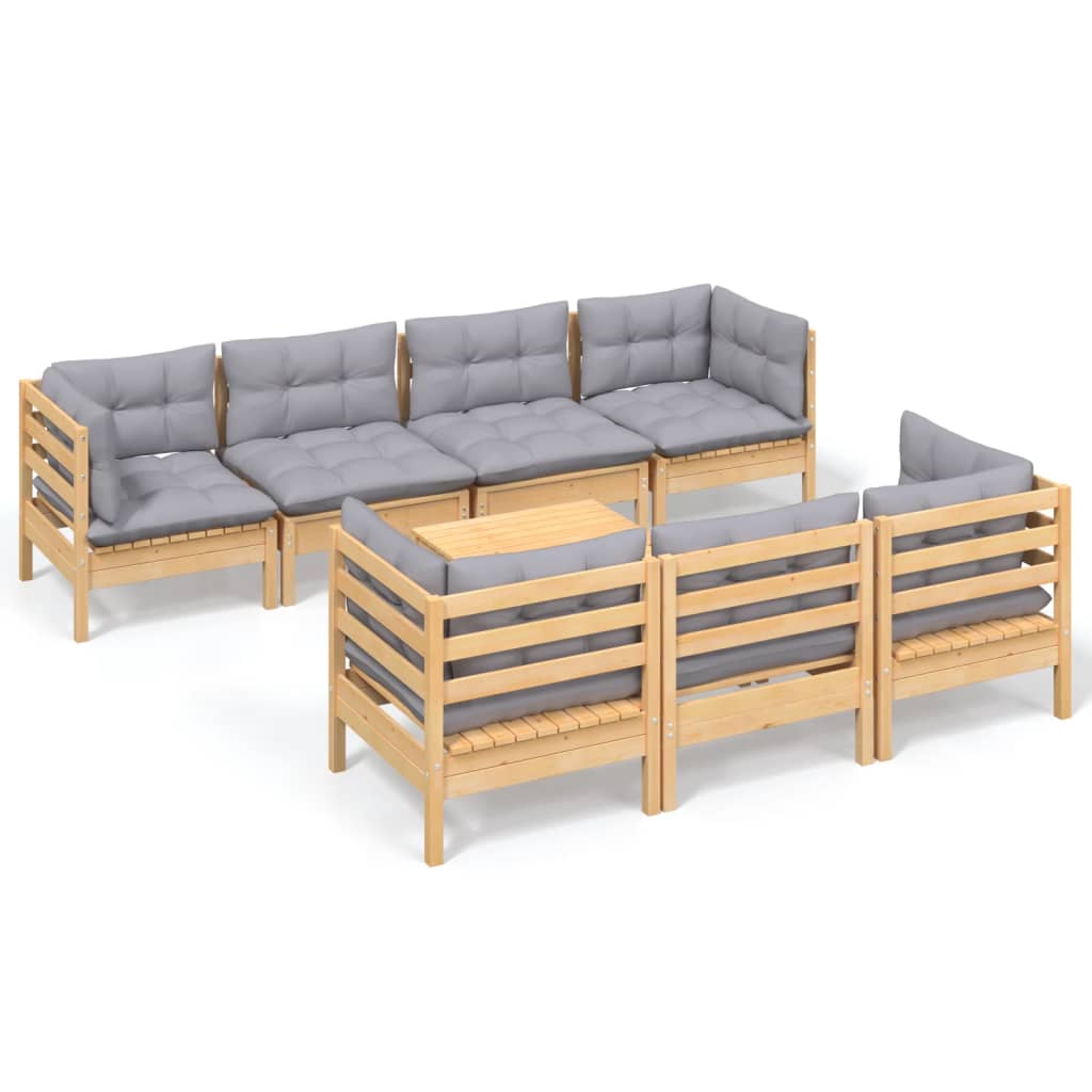 Set Divani da Giardino 8 pz con Cuscini Grigi Massello di Pino