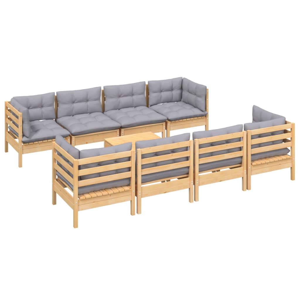 Set Divani da Giardino 9 pz con Cuscini Grigi Massello di Pino