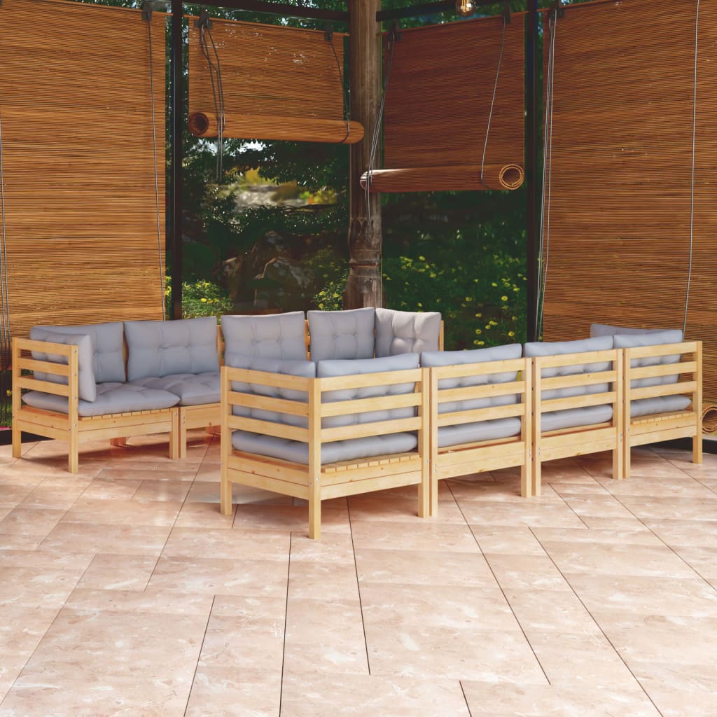 Set Divani da Giardino 9 pz con Cuscini Grigi Massello di Pino