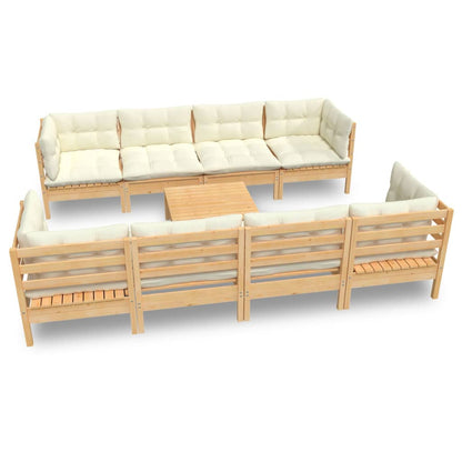 Set Divani da Giardino 9 pz con Cuscini Crema in Massello di Pino